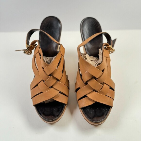 Tory Burch Tan Leather Woven Wedge Sandals - Picture 2 of 8